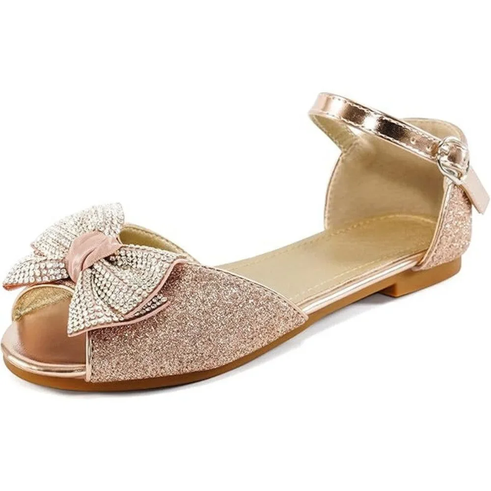 Aomigoct Girls Size 1 Rose Gold Silver Bow Glitter Princess Flat Sandal Shoes